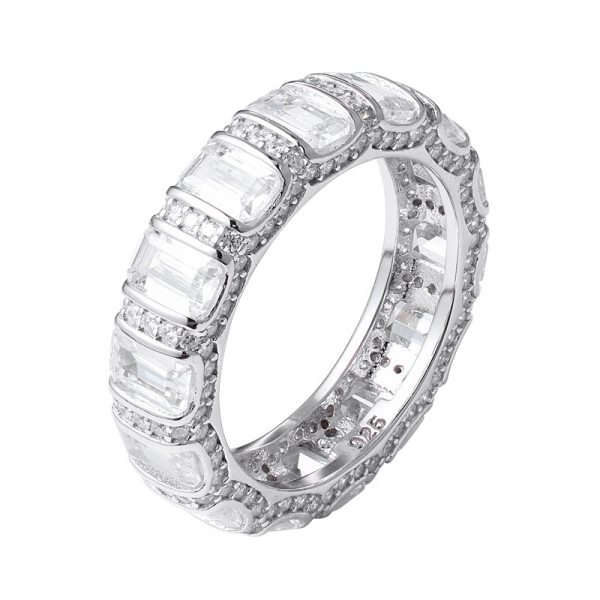 White Cubic zirconia Emerald Cut Rhodium Over Sterling silver eternity ring 