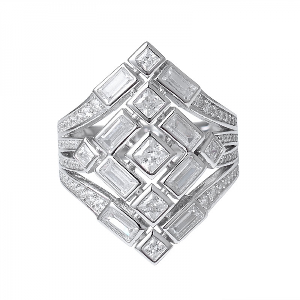 White Cubic zirconia Square cut Rhodium Over Sterling Cluster design silver ring 