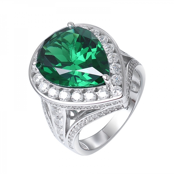 Pear Cut Created Green Emerald Rhodium over sterling silver ring for women 