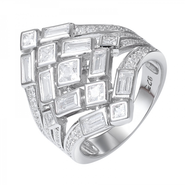 White Cubic zirconia Square cut Rhodium Over Sterling Cluster design silver ring 
