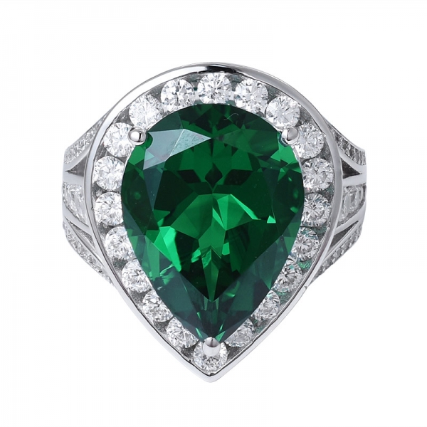 Pear Cut Created Green Emerald Rhodium over sterling silver ring for women 