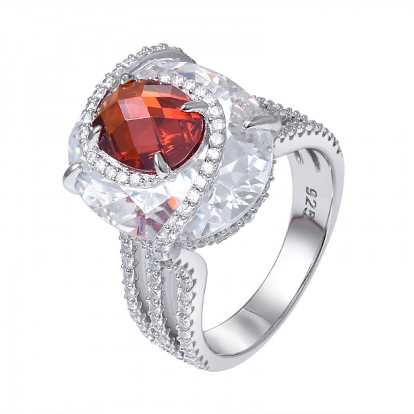 2 stone Orange& White Cubic Zirconia Rhodium Tone 925 Sterling Silver band Ring 