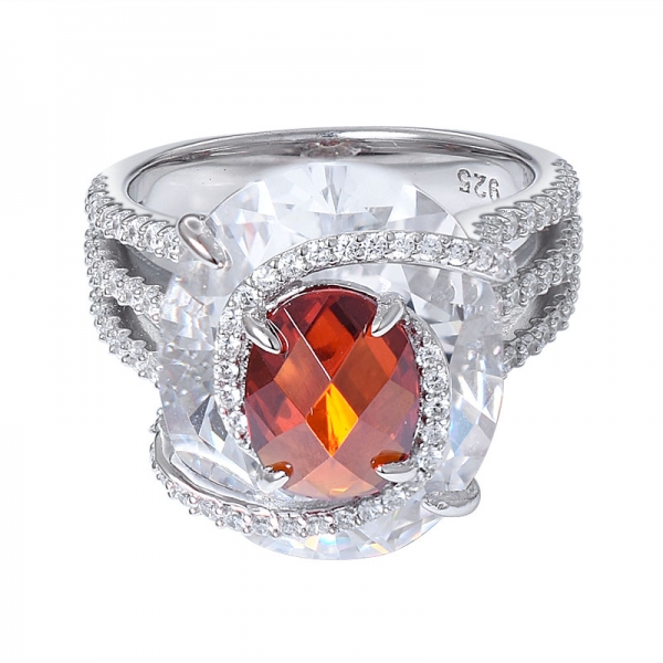 2 stone Orange& White Cubic Zirconia Rhodium Tone 925 Sterling Silver band Ring 