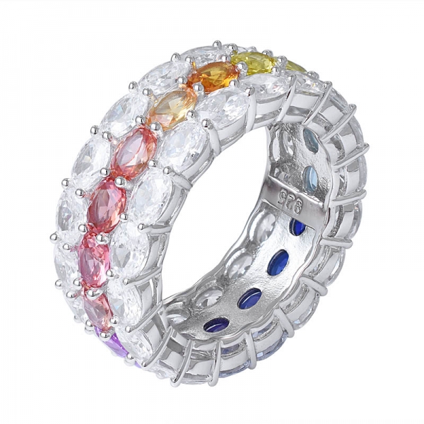 Rainbow Oavl Colorful Synthetic sapphire Rhodium Over Eternity Band Ring 