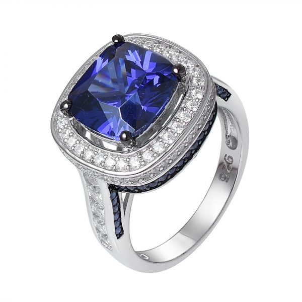 Cushion Cut Simulated Blue Tanzanite Round Clear CZ Black Tone Plated 925 Sterling Silver wedding ring 