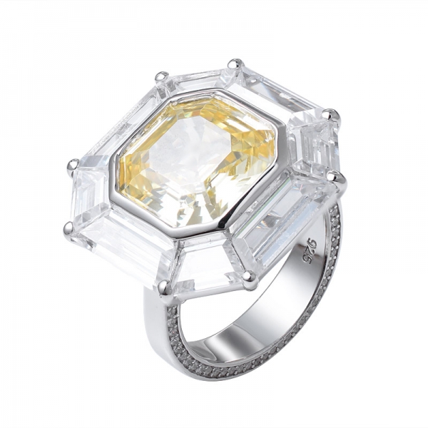 Asscher Cut simulate yellow diamond Rhodium Over Sterling Silver Band Ring 