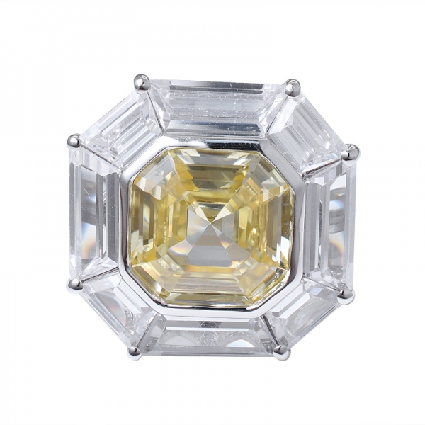 Asscher Cut simulate yellow diamond Rhodium Over Sterling Silver Band Ring 