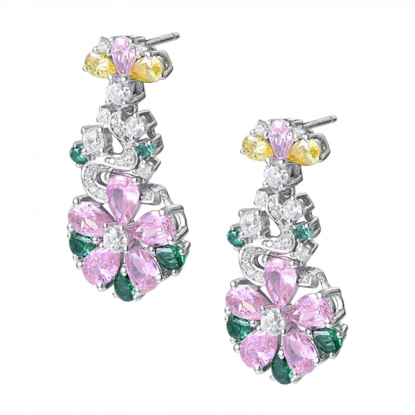 Colorful Stone Sterling silver Rhodium Over emerald Cluster Flower earring 