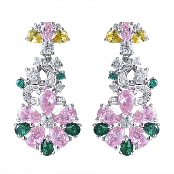 Colorful Stone Sterling silver Rhodium Over emerald Cluster Flower earring 