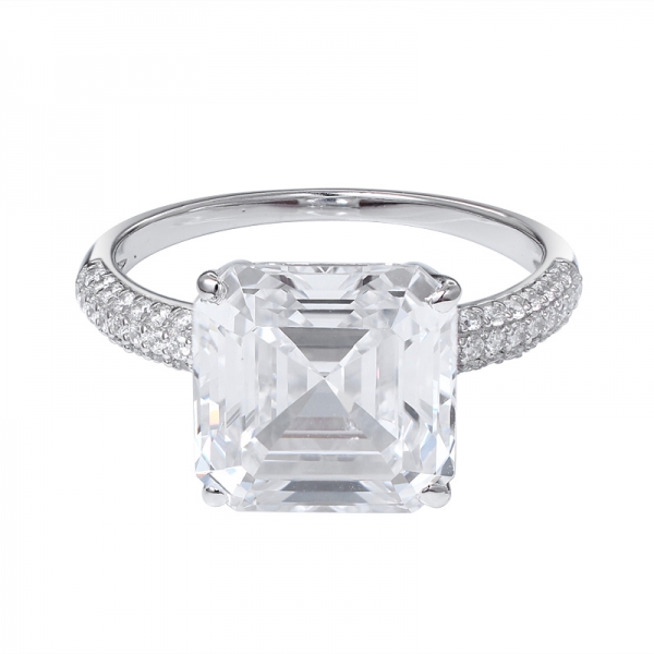 Asscher Cut 5A Quality white cz Rhodium Over Sterling Silver Band Ring 