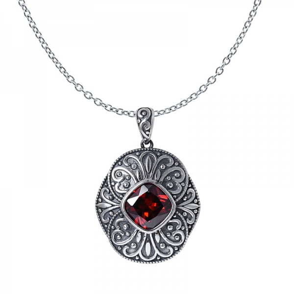 Cushion Cut Garnet CZ Black Artisan over sterling silver pendant for women 