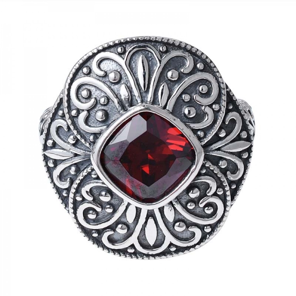 Cushion Cut Garnet CZ Black Artisan over sterling silver band ring 