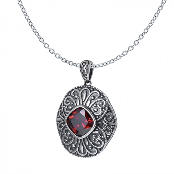 Cushion Cut Garnet CZ Black Artisan over sterling silver pendant for women 