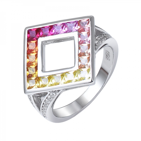 Princess cut Synthetic sapphire Rhodium over Sterling silver rainbow Band ring 