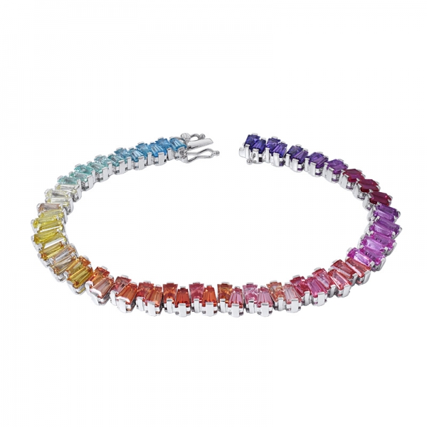 Baguette Cut Synthetic Sapphire colorful rhodium over Silver tennis Rainbow bracelet 
