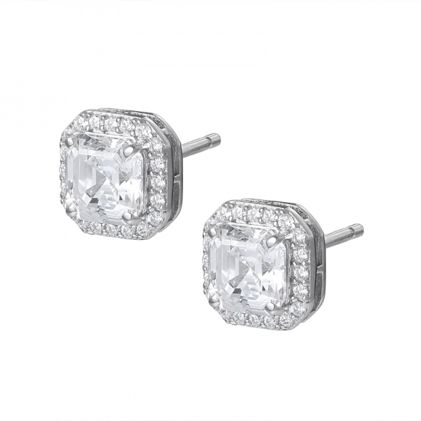 White Cubic Zirconia Asscher Cut 1Ct diamond Sterling Silver stud earring 