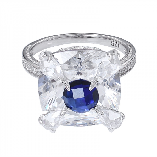 Up&Down Double Stone Blue sapphire Rhodium Over Sterling silver engagement ring 