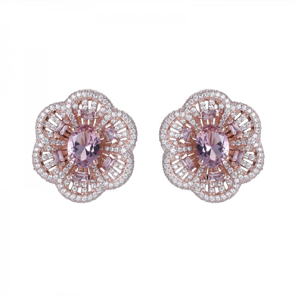 1 carat Oval cut morganite cz rose gold over sterling silver flower earrings 