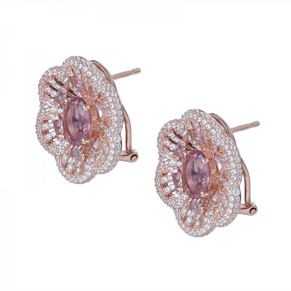 1 carat Oval cut morganite cz rose gold over sterling silver flower earrings 