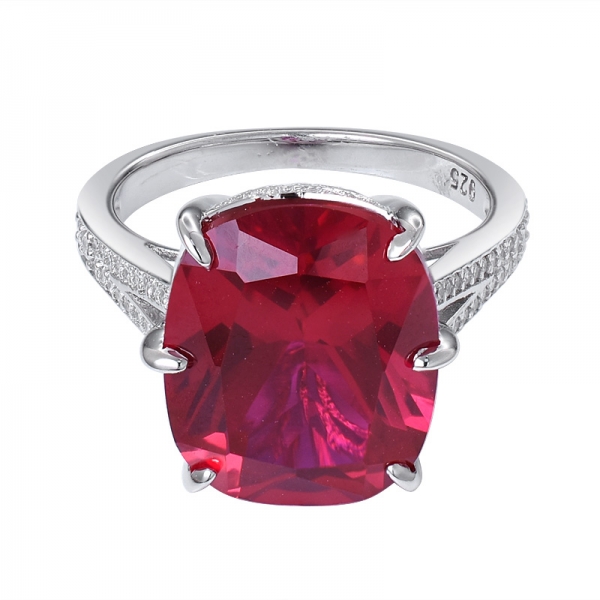 Ruby Gemstone red Corundum created Rhodium Over Sterling silver ring 