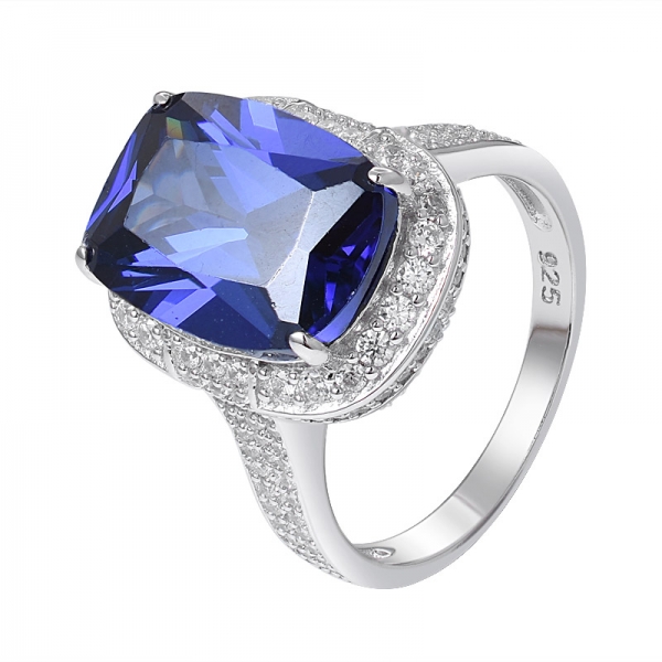 Blue Tanzanite Created Cushion Cut Rhodium Over Sterling silver engagement ring 