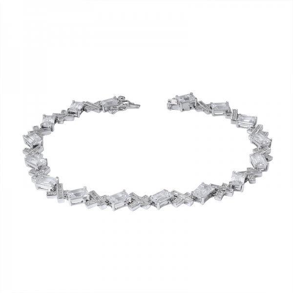 Baguette Cut White Cubic Zirconia Rhodium Over Sterling Silver Tennis Bracelet 