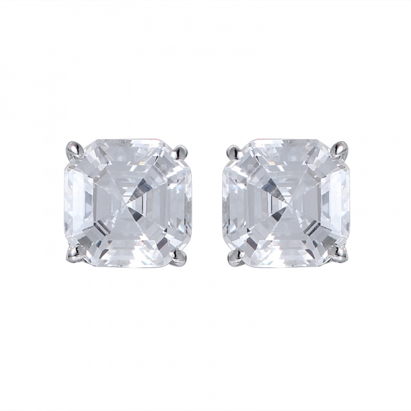 Asscher Cut 5A Quality 2Ct white cz Rhodium Over Sterling Silver Studs earring 