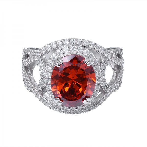 Orange CZ Round White Cubic Gemstone 925 Sterling Silver Ring 