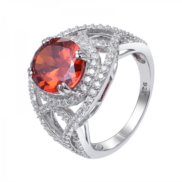 Orange CZ Round White Cubic Gemstone 925 Sterling Silver Ring 