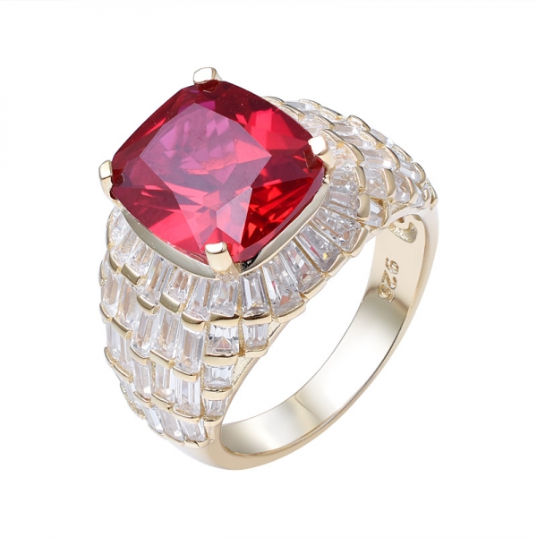 Created Ruby Gemstone red Corundum Cushion Cut Yellow Gold Over Sterling silver Engagement Ring 