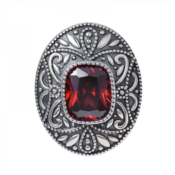 Cushion Cut Garnet CZ Created Black Artisan over sterling silver ring 