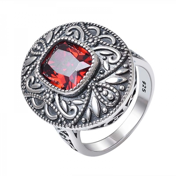 Cushion Cut Garnet CZ Created Black Artisan over sterling silver ring 