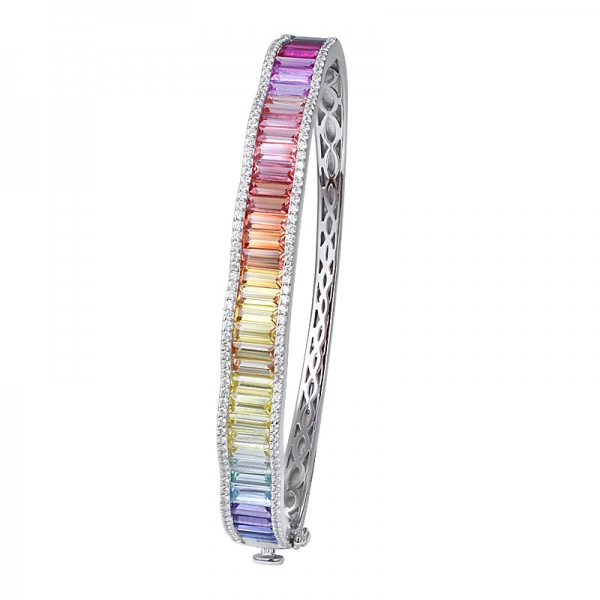 Baguette Cut Colorful Sapphire Synthetic Rhodium Over Sterling Silver rainbow bangle 