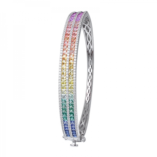 2 line Synthetic colorful Sapphire gemstone Square cut Rhodium Over Sterling Silver rainbow bangle 