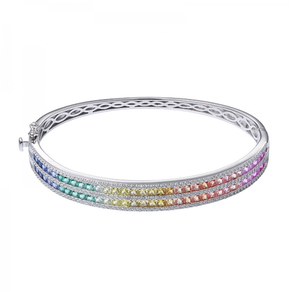 2 line Synthetic colorful Sapphire gemstone Square cut Rhodium Over Sterling Silver rainbow bangle 