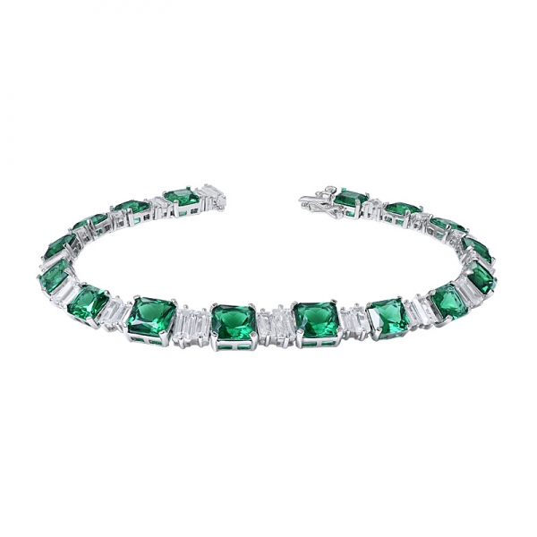 Princess Cut Green Emerald created Rhodium over Sterling silver bracelet 