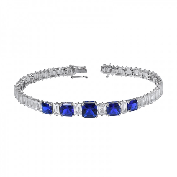 Princess Cut Blue Sapphire created Rhodium over Sterling silver bracelet 