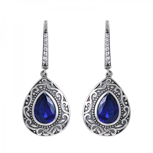Blue Simulated Sapphire Pear Cut Black Artisan Over dangle earring 