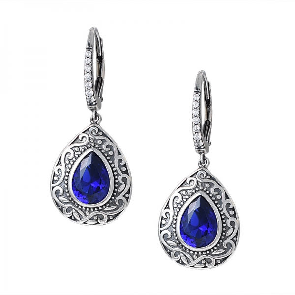 Blue Simulated Sapphire Pear Cut Black Artisan Over dangle earring 