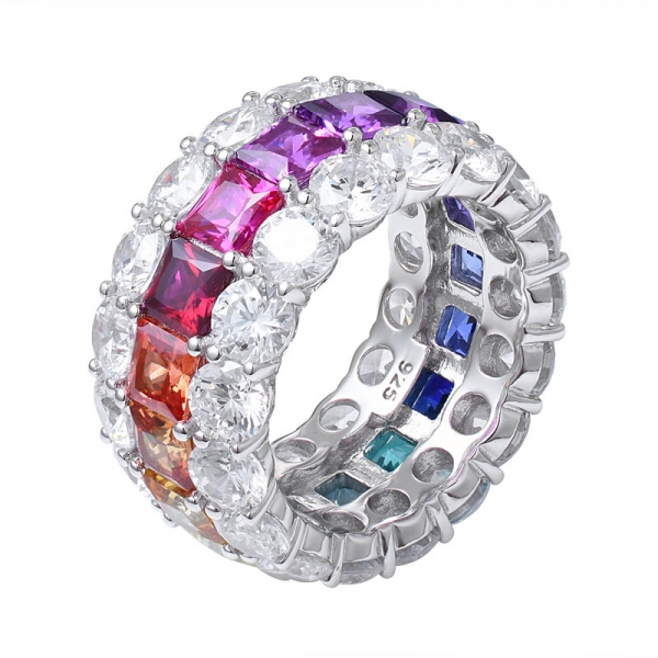 Synthetic Sahhpire Princess&Round Cut Rhodium over Sterling Silver 3 lines rainbow eternity ring 