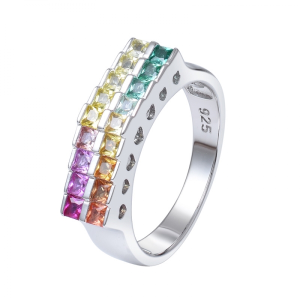 Synthetic Sahhpire Princess Cut 2.0mm Rhodium over Sterling Silver 2 line rainbow band ring 