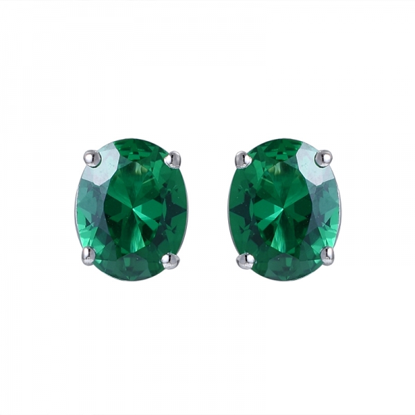 oval cutting created emerald rhodium over sterling silver studs earring 