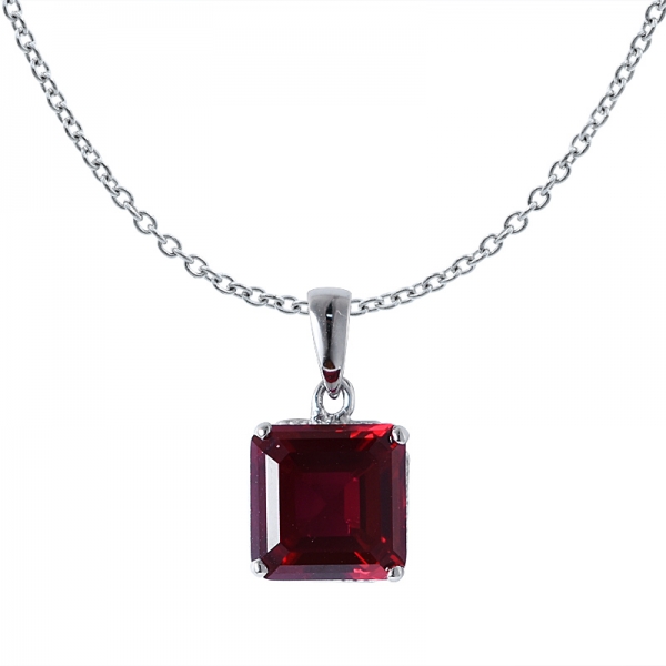 Created Ruby Assher cut rhodium over sterling silver Pendant Set Jewelry 