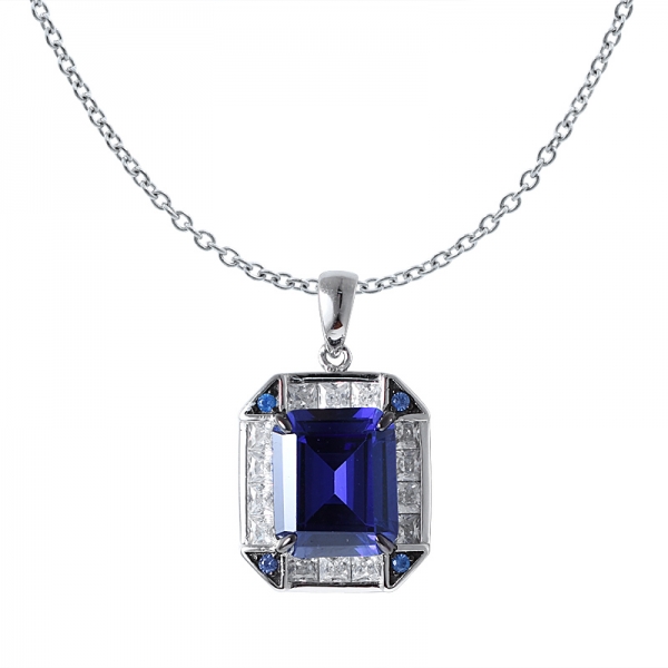 Created Blue Tanzanite Emerald Cut rhodium&Black Artisan over sterling silver pendant 