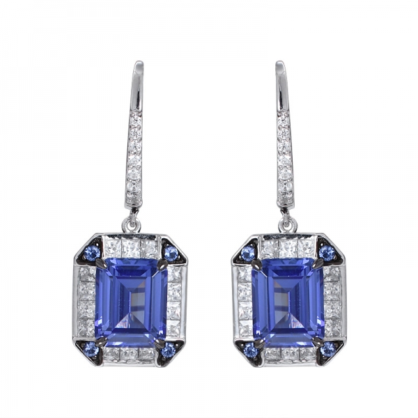 Created Blue Tanzanite Emerald Cut rhodium&Black Artisan over sterling silver dangle earring 