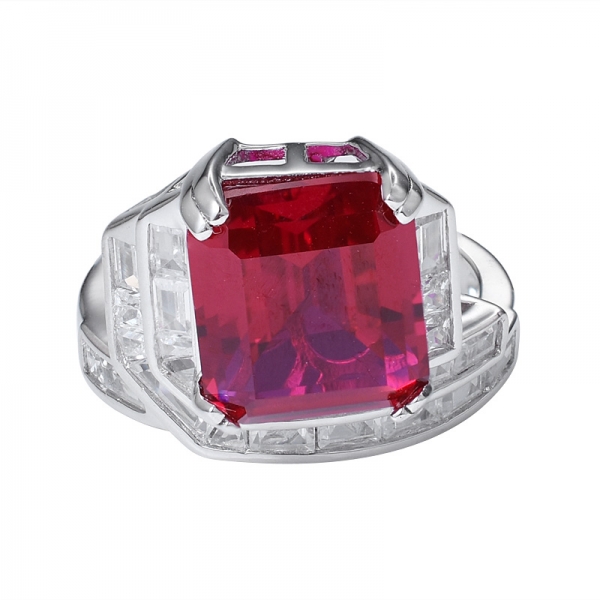 Ruby Corundum Emerald Cut Rhodium over sterling silver ring 