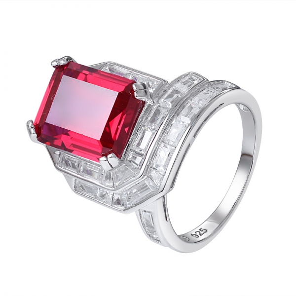 Ruby Corundum Emerald Cut Rhodium over sterling silver ring 