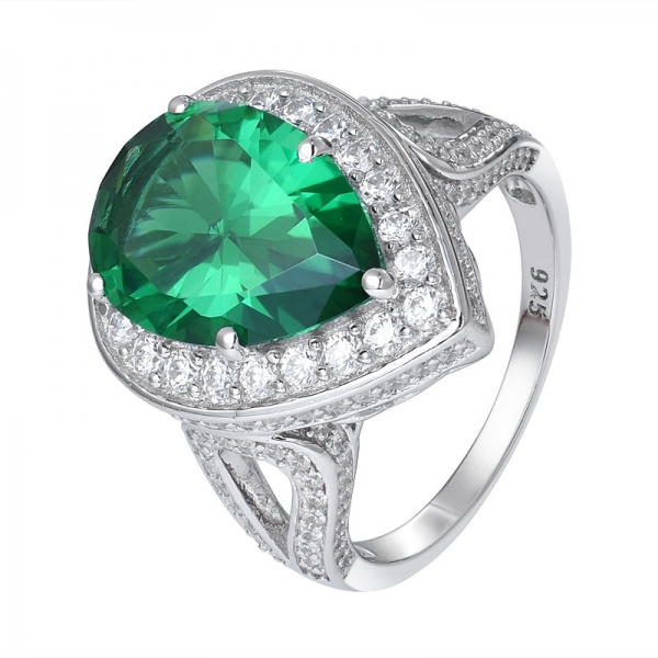 Emerald Green Created Pear Cut rhodium over sterling silver engagement ring 