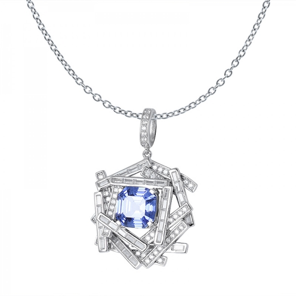 Blue Tanzanite Created Asscher Cut Rhodium Over 925 Sterling Silver pendant 