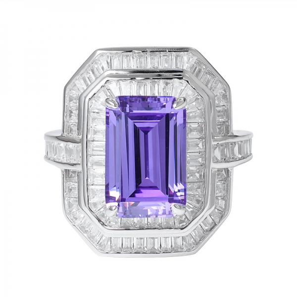 Amethyst Gemstone Created Emerald Cut rhodium over sterling silver wedding ring 